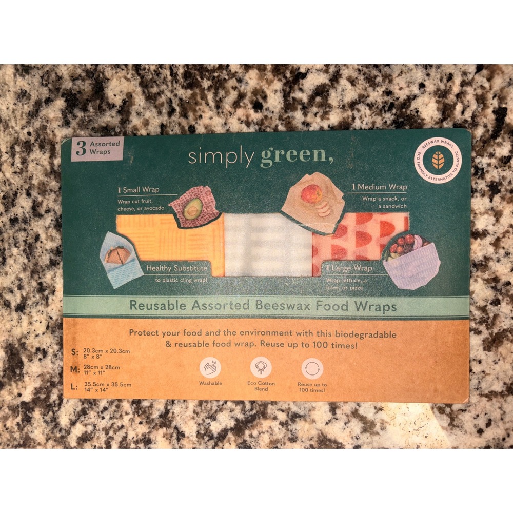 Simply Green 3 Pack Reusable Assorted Beeswax Food Wraps Eco Friendly New
